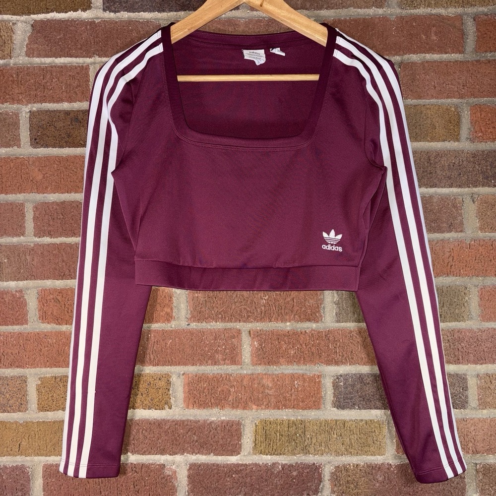 Size S - Adidas Prime Blue Cropped Long Sleeve Square Neck Striped Top Shirt